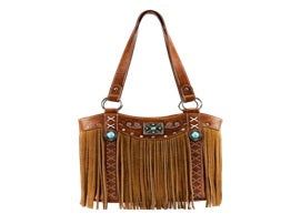 Medium Brown Handbag with Turquoise and Fringe