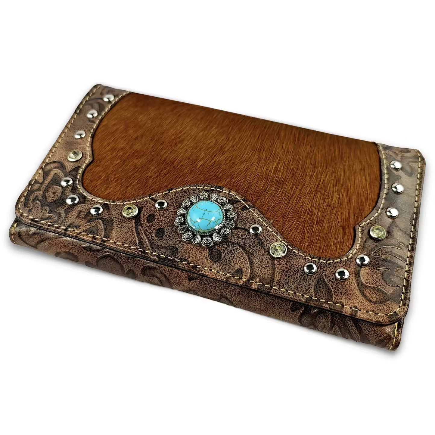 Brown Fur and Leather Wallet w/Turquoise