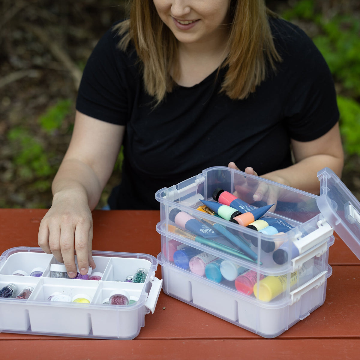 Everything Mary Clear 4-Tier Stackable Snap Box – Plastic Craft Organizer for Paint, Beads, Sewing, and DIY Supplies